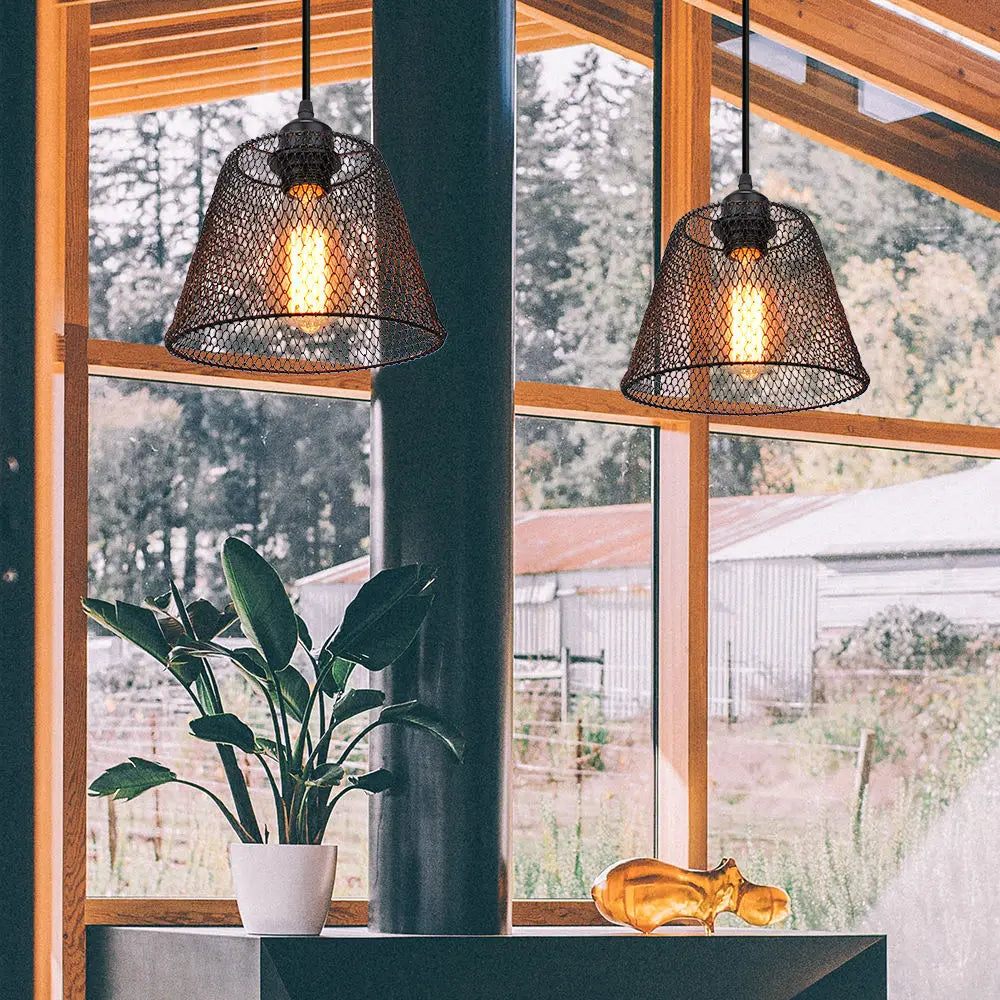 Vintage Black Metal Wire Cage Pendant Light
