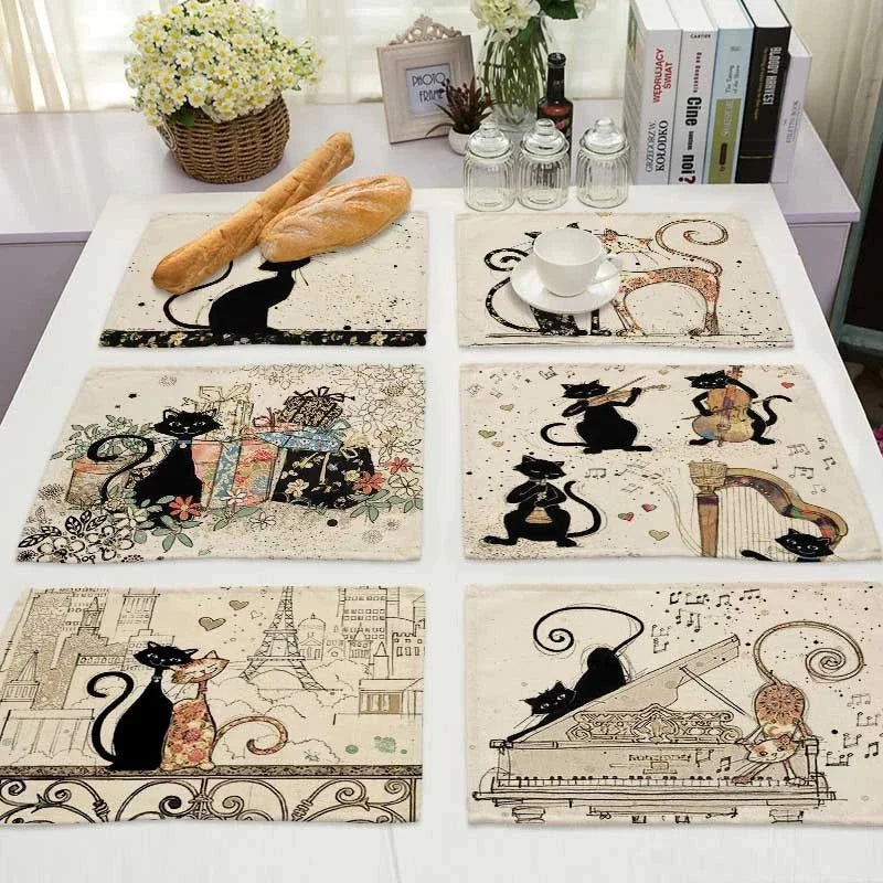Decorbites™ Schwarze Katze Leinen-Platzset für Esstisch & Küchendekoration