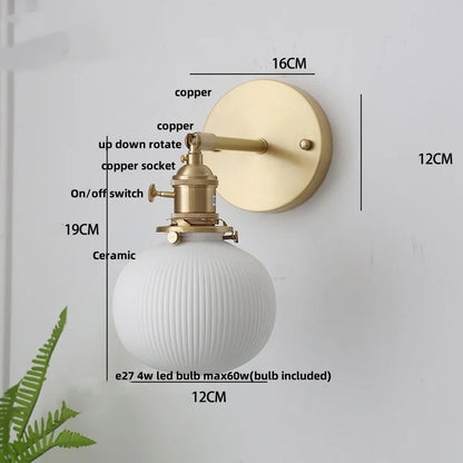 DecorBites™ Copper LED Sconce Wall Lamp Pull Chain Switch Nordic Modern Ceramic Mirror Light