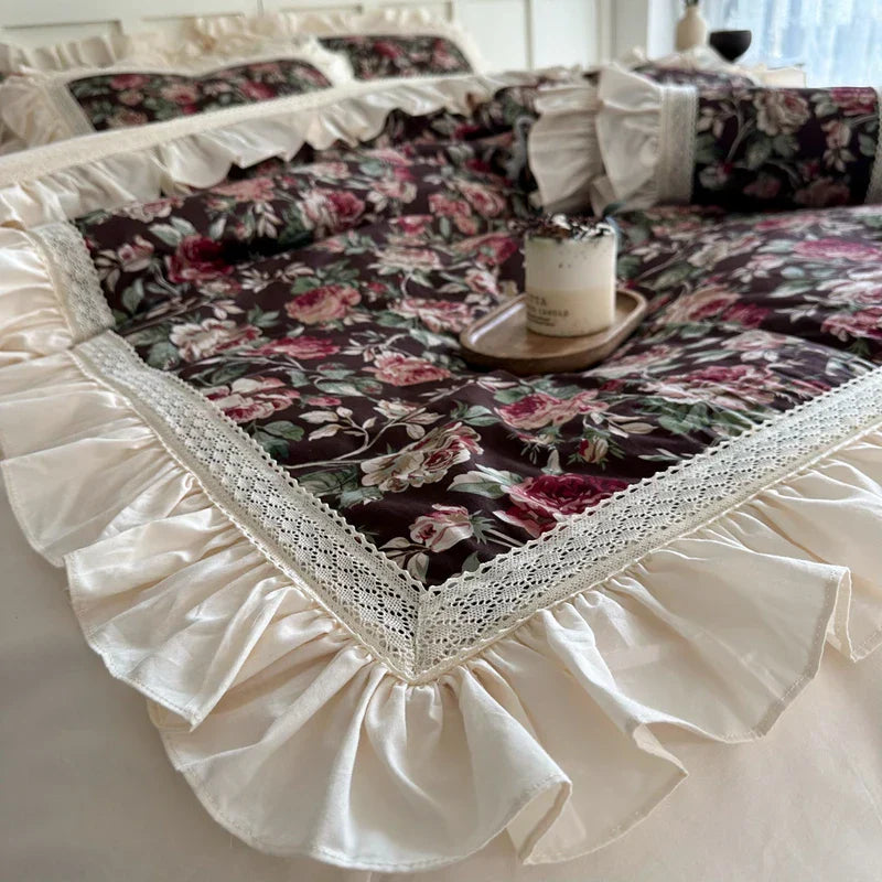 Decorbites™ Französisches Rosenblumenmuster-Bettwäsche-Set, 100% Baumwolle, Rüschen, Daunenbezug, Bettrock