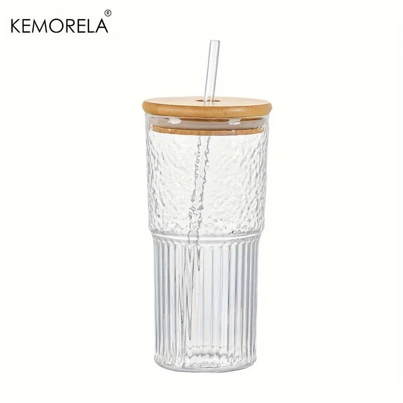 DecorBites™ 500ml Ribbed Glass Cup with Lid and Straw | Stylish Drinking Glass for Any Occasion
