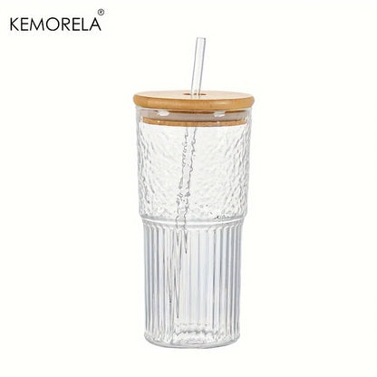 DecorBites™ 500ml Ribbed Glass Cup with Lid and Straw | Stylish Drinking Glass for Any Occasion