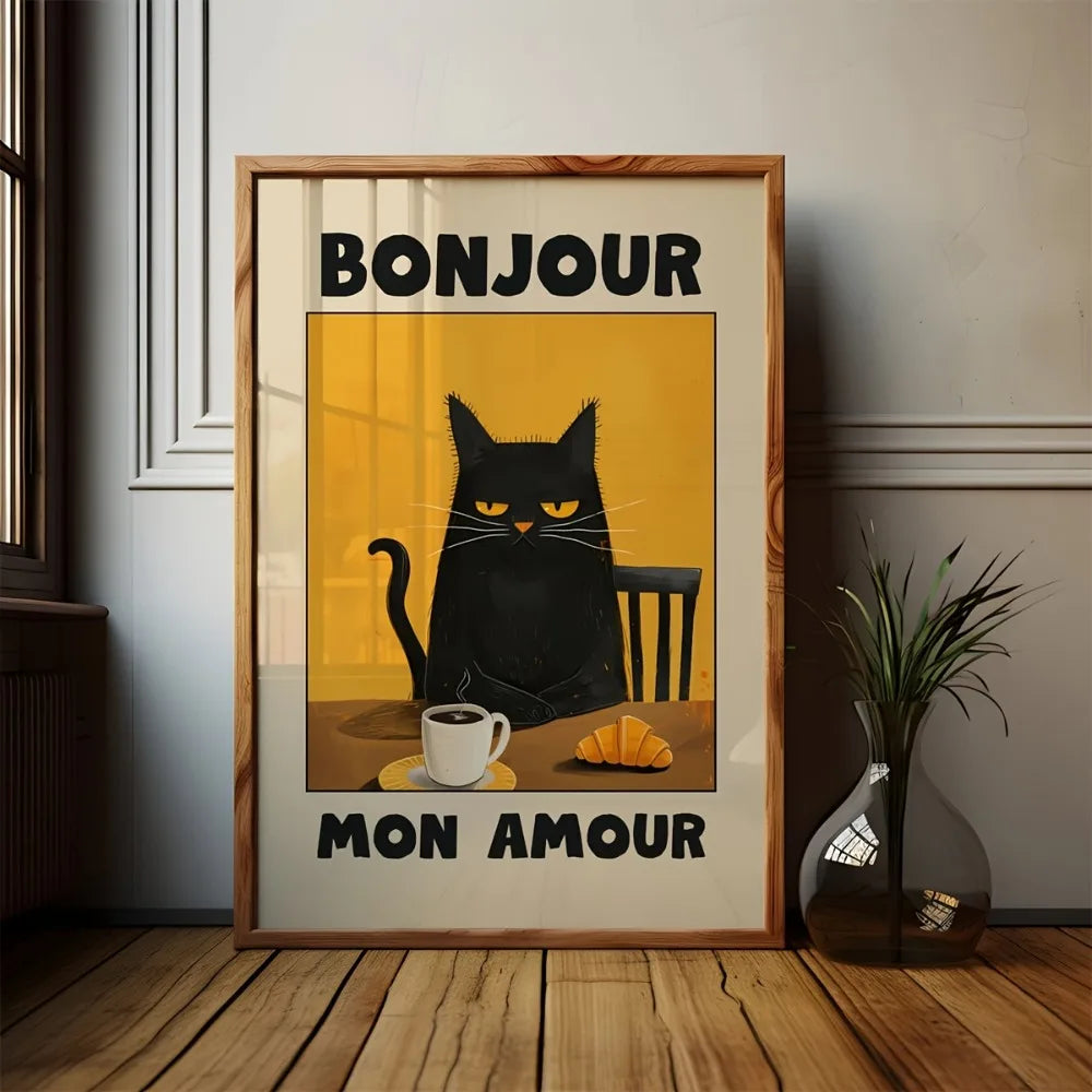 1pc Frameless Black Cat Breakfast Art Poster Retro Style Bonjour Canvas Painting for Dining Room or Bedroom Wall  Art Decoration