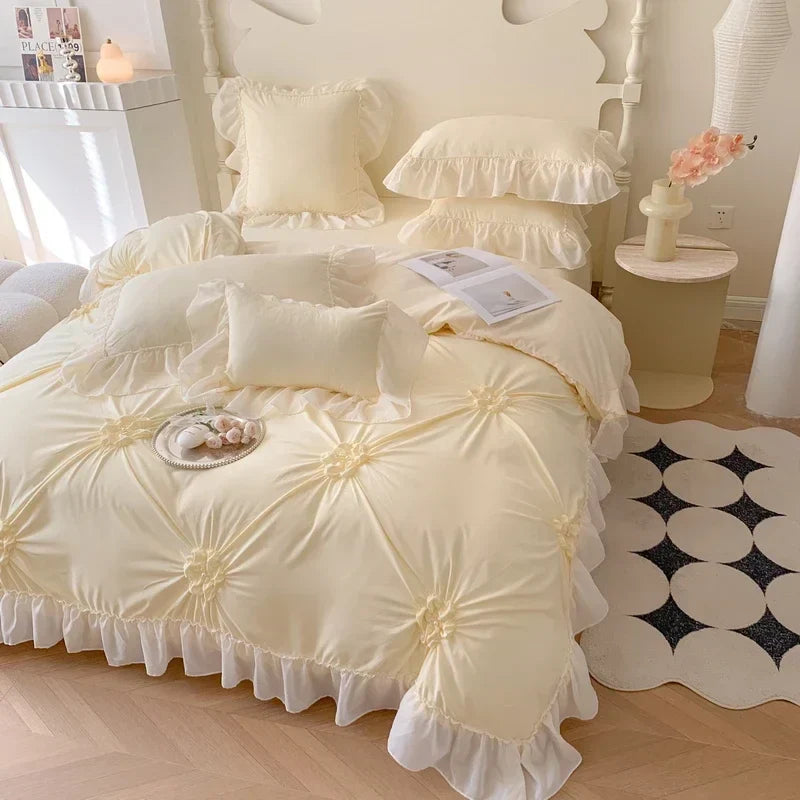 Decorbites™ Spitzen-Prinzessin-Bettwäsche-Set: Romantische Rüschen & Schleifen-Duvetbezug, Laken, Kissenbezüge