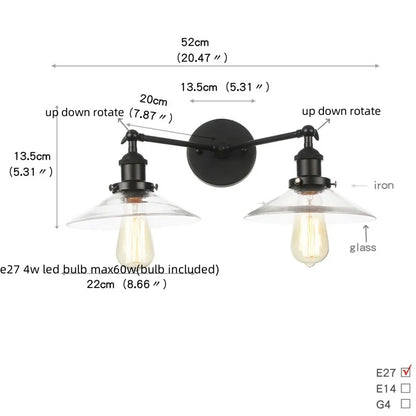 DecorBites™ Industrial LED Wall Light Fixture with Pull Chain Switch, 2 Heads Bedside Lamp