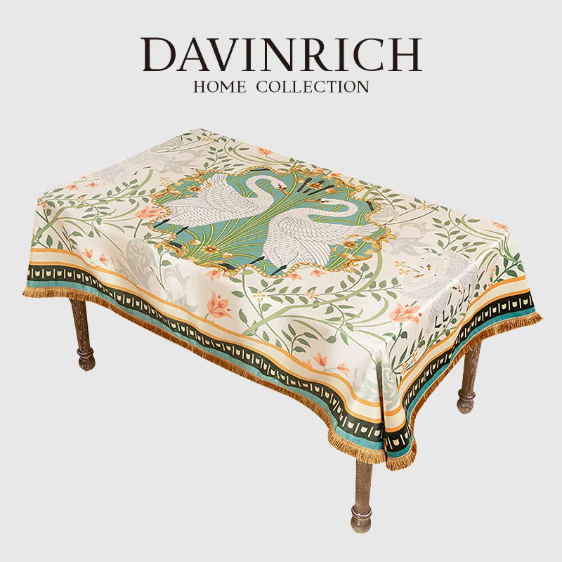 Decorbites™ Doppelschwan & Blumenmuster Samt-Tischdecke mit Quasten