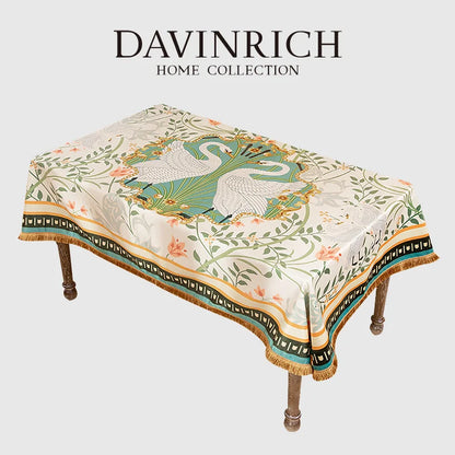 Decorbites™ Doppelschwan & Blumenmuster Samt-Tischdecke mit Quasten
