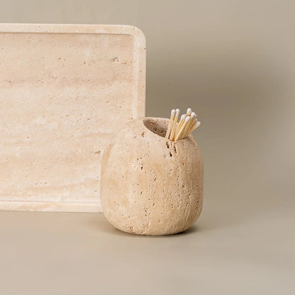 DecorBites™ Beige Travertine Match Holder Vintage Match Jar Natural Marble Dental Care Holder