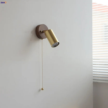 DecorBites™ Copper Lampshade LED Wall Sconce Pull Chain Switch Nordic Modern Walnut Wood Mirror Light