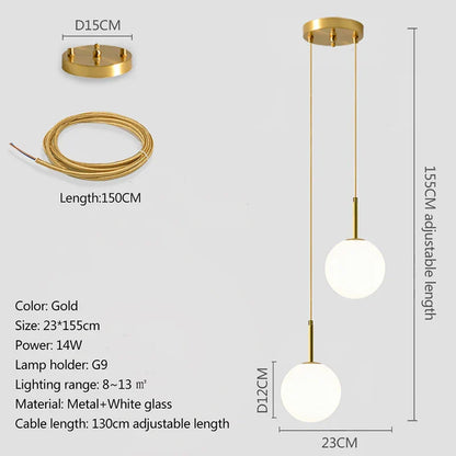 Nordic Glass Globe Pendant Light in Gold and White