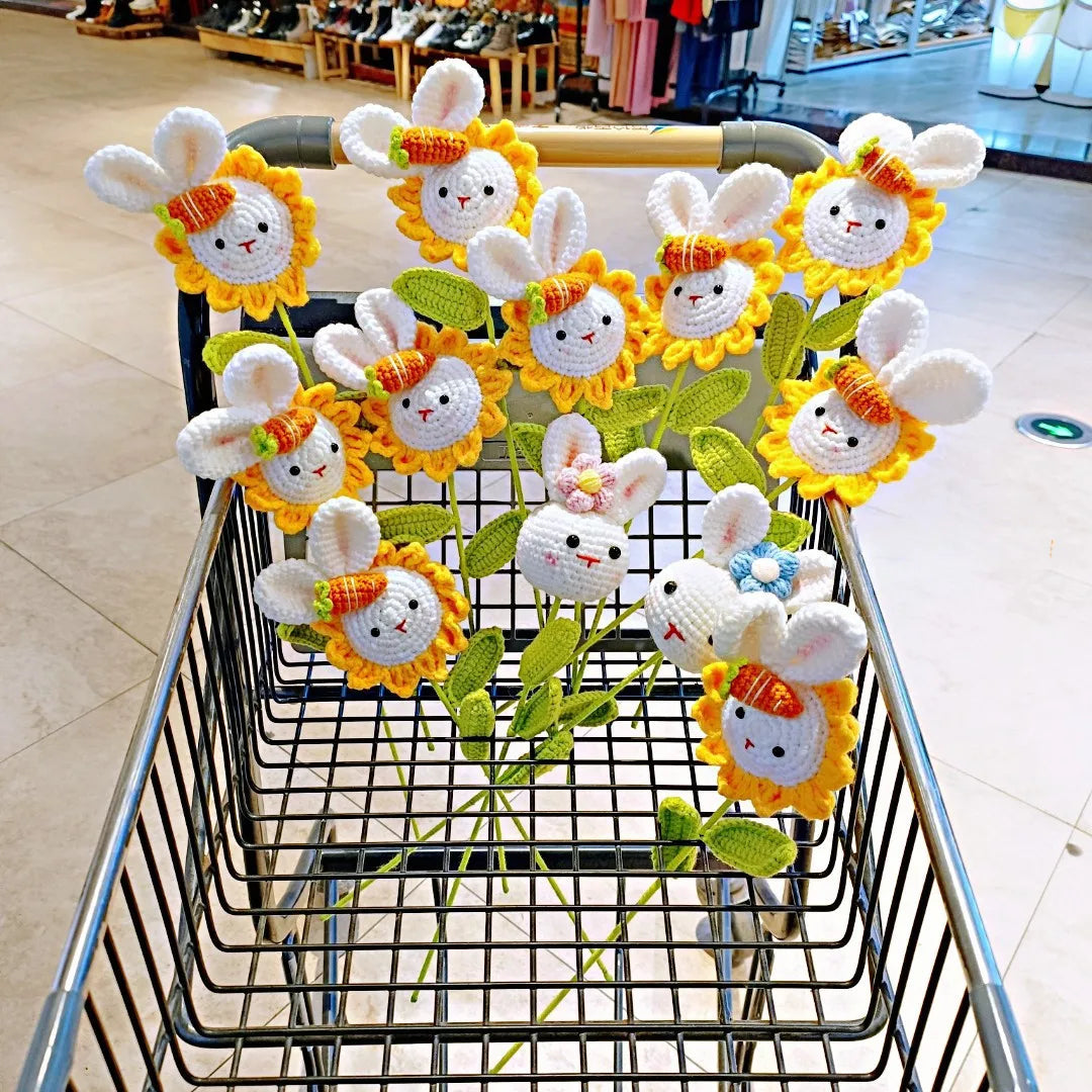 Decorbites™ Gestricktes Sonnenblumen- & Hasen-Bouquet: Handgefertigte Häkel-DIY-Heimdekoration & Geschenk