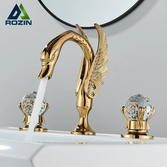 Decorbites™ Goldener Schwan Beckenarmatur - Armatur mit doppeltem Kristallgriff für das Badezimmer - Kalt-/Warmwasser