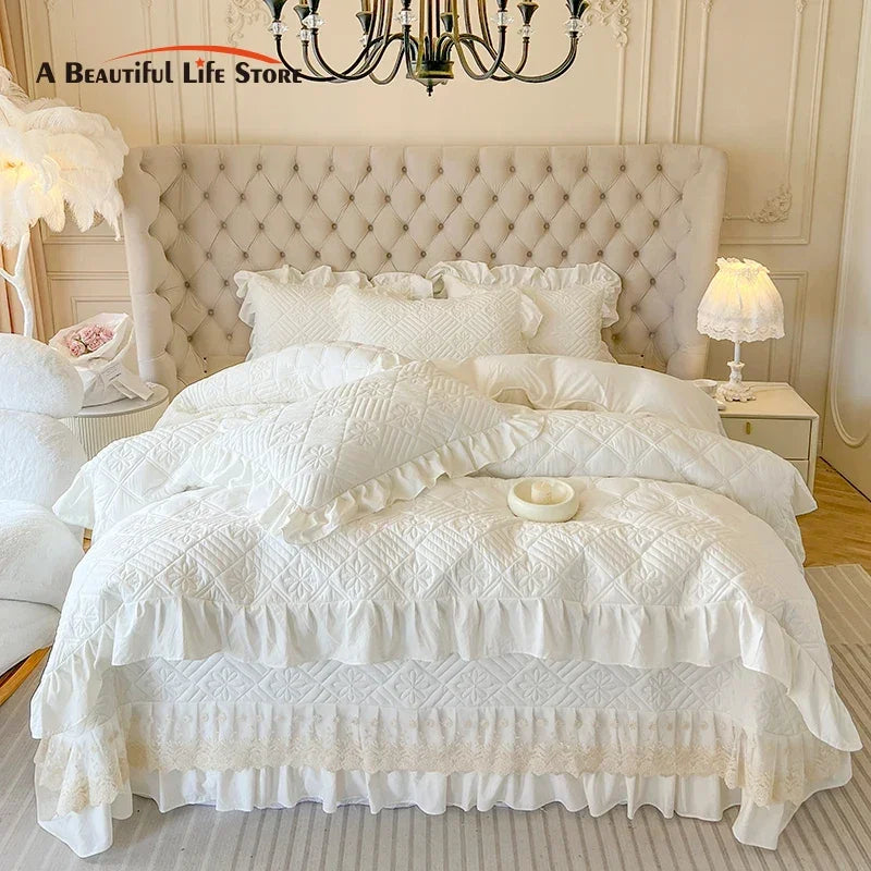 Decorbites™ Koreanische Prinzessin-Stil Steppendecke-Bettwäsche-Set mit Spitzenvolants 200x230cm