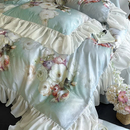 DecorBites™ French Flowers Lace Ruffles Bedding Set: Soft Silky Ice Silk for Single Queen King