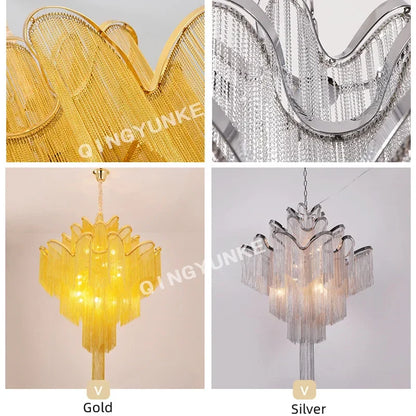 Decorbites™ Fransen-Kronleuchter: Silber- und Gold-Aluminium-Ketten-Hängeleuchte für luxuriöse Einrichtung von Zuhause und Hotel