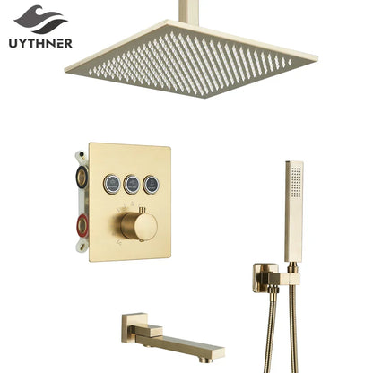 Decorbites™ Gold Thermostatische Regenwald-Duscharmatur-Mischbatterie-Set für das Badezimmer mit Decken- und Wandmontage