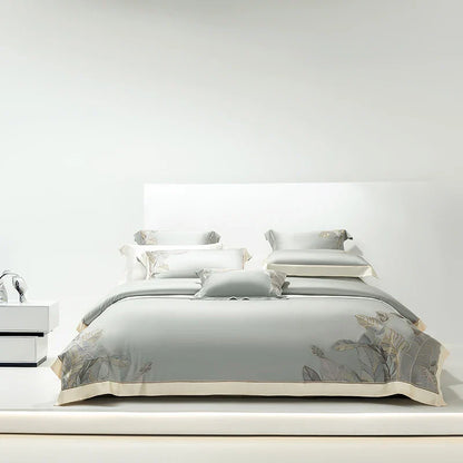 DecorBites™ Eucalyptus Lyocell Soft Silky Cool Bedding Set with Leaves Embroidery
