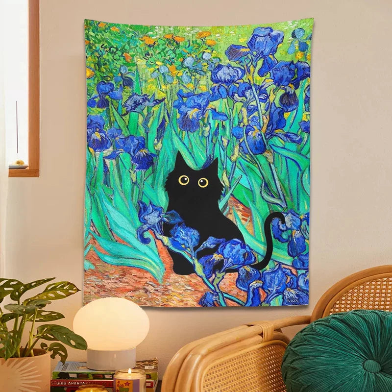 Decorbites™ Iris-Teppich mit Katze: Von Van Gogh inspirierte Kunst mit schwarzer Katze & Blumenmuster