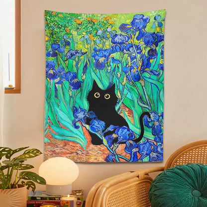 Decorbites™ Iris-Teppich mit Katze: Von Van Gogh inspirierte Kunst mit schwarzer Katze & Blumenmuster
