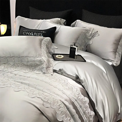 DecorBites™ Lace Patchwork Silk Cotton Luxury Bedding Set Queen King Size