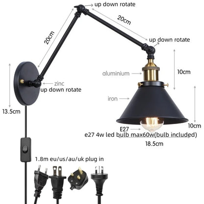 Decorbites™ Industrielles Loft-LED-Wandleuchte Schwarz Vintage Schwingarm-Spiegel-Licht