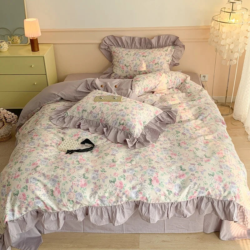 Decorbites™ Französisches Blumen-Motiv Baumwoll-Bettwäsche-Set mit großen Spitzenvolants, Frische Blumen