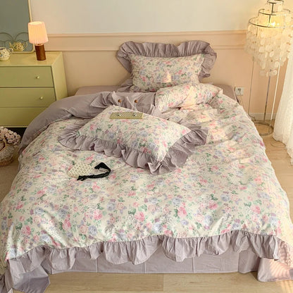 Decorbites™ Französisches Blumen-Motiv Baumwoll-Bettwäsche-Set mit großen Spitzenvolants, Frische Blumen