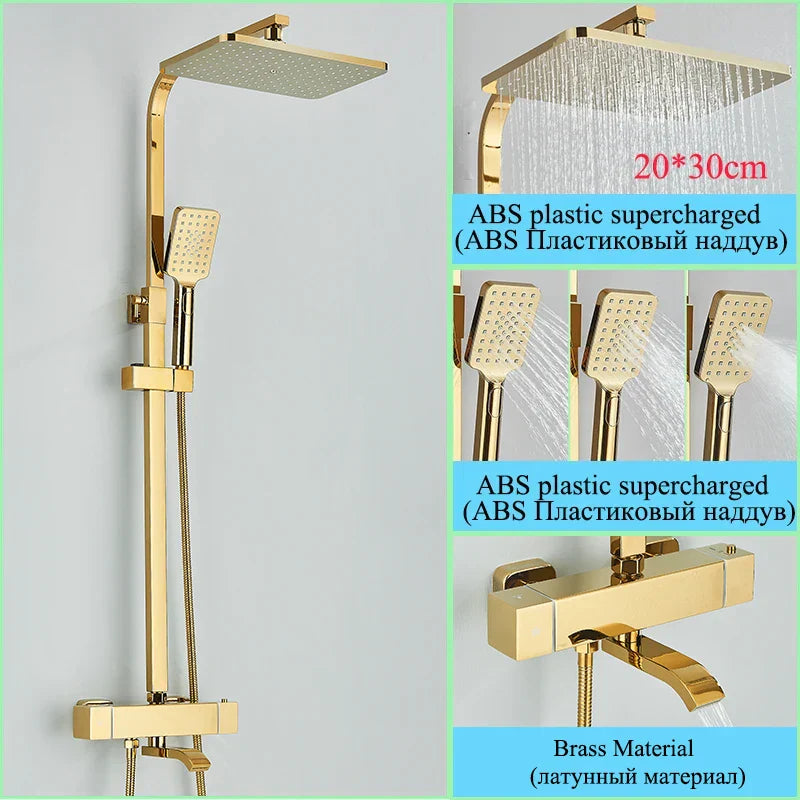 Decorbites™ Golden Thermostatisches Duscharmatur-Set mit Regendusche-Säule und 3-Wege-Mischer