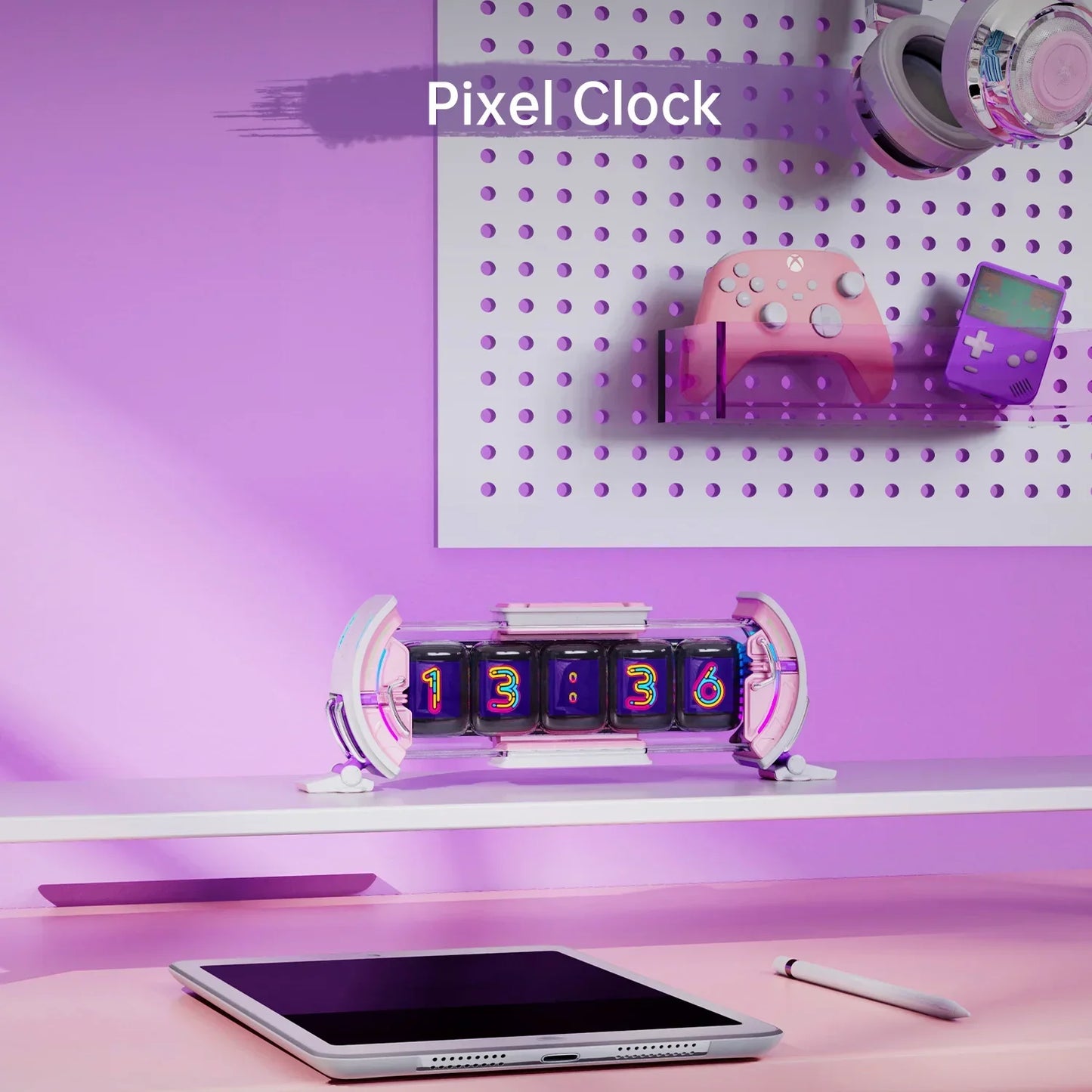 DecorBites™ Cute Gaming Digital Clock for Gamers Decor, Pixel Art Display, Pink