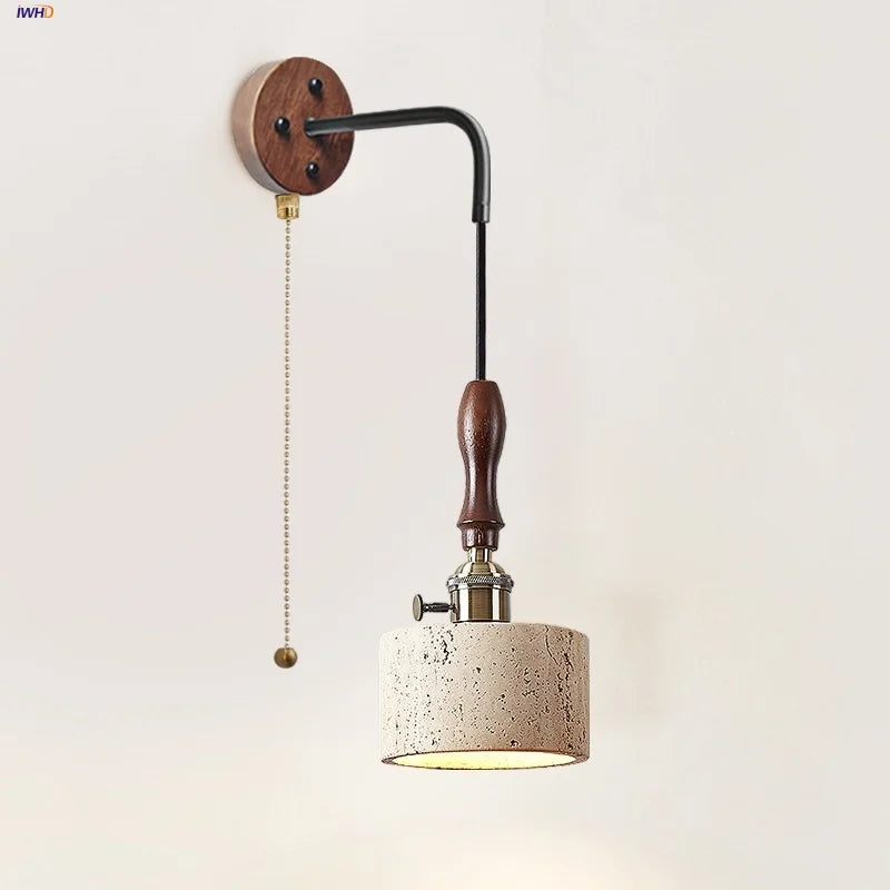 DecorBites™ Copper Wood LED Wall Sconce Yellow Travertine Stone Bedside Light