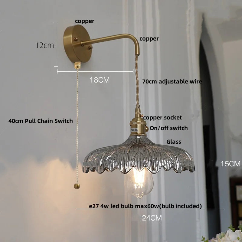 Decorbites™ Amber Vintage LED Wandlampe Glas Kupfer Zugschalter für Schlafzimmer