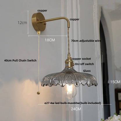 Decorbites™ Amber Vintage LED Wandlampe Glas Kupfer Zugschalter für Schlafzimmer
