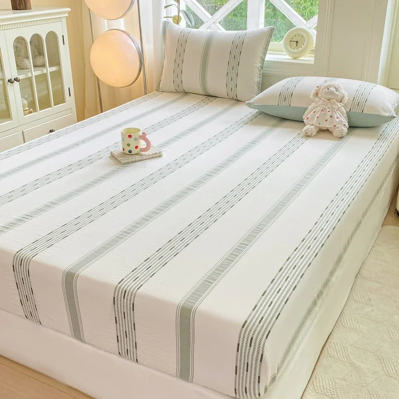 DecorBites™ Cotton Jacquard Fitted Sheet Set with 2 Pillowcases, Dustproof & Anti-Slip