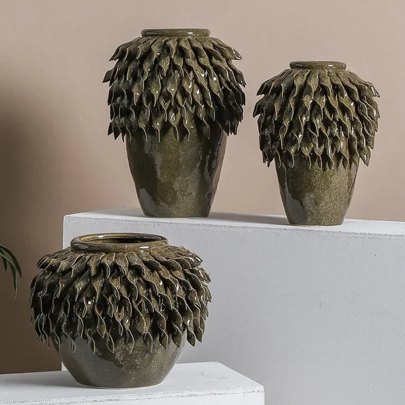 Decorbites™ Blattrelief-Keramikvase: Handgefertigter 3D-Blumenarrangement-Topf