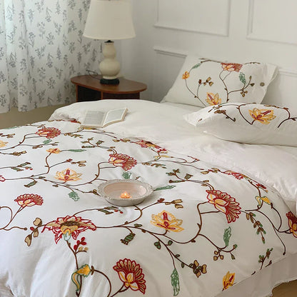 Decorbites™ Baumwoll-Bohemia-Blumen-Stickerei 4-teiliges Bettwäsche-Set Vintage-Duvet-Cover King Queen