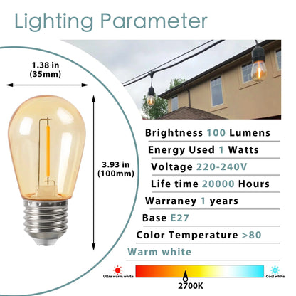 DecorBites™ Amber Plastic Bulbs: Waterproof 2700K LED E27 String Light for Patio Outdoor Decor