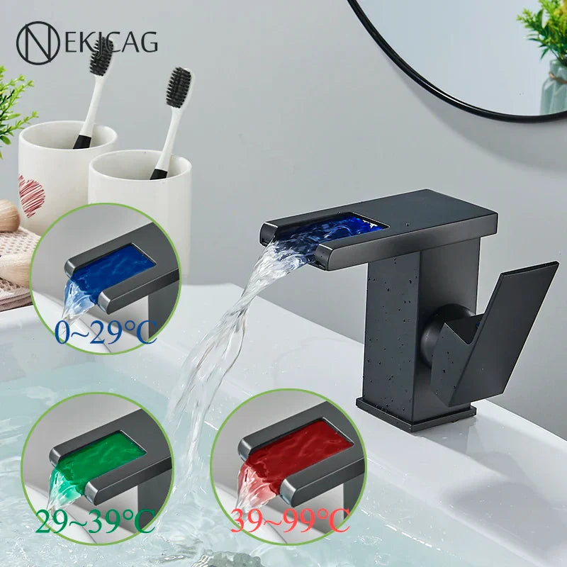 DecorBites™ LED Waterfall Basin Faucet: Black Mixer Tap with Light, Deck Mount Kitchen Sink