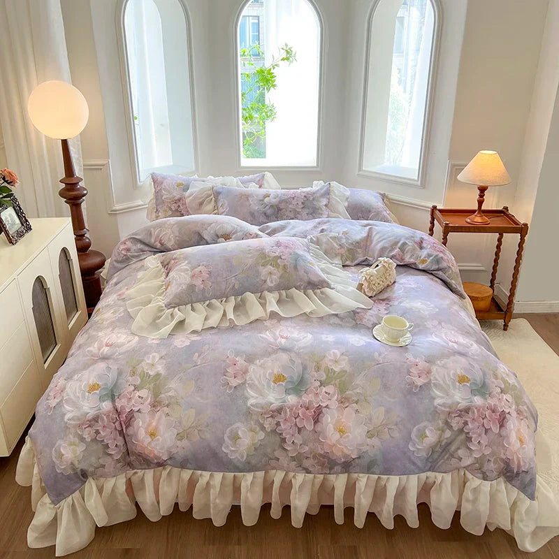 Decorbites™ Französisches Vintage-Spitzen-Prinzessinnen-Bettwäsche-Set mit Blumenprint-Bettüberzug