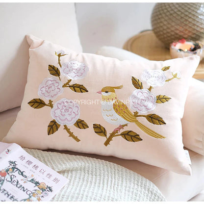 DecorBites™ Bamboo Embroidered Fringed Velvet Lumbar Pillow Cover 30x50cm Luxurious Artistic Oriental Style