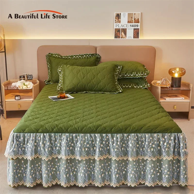 DecorBites™ Cotton Lace Ruffles Quilted Bed Skirt Set with Pillowcases