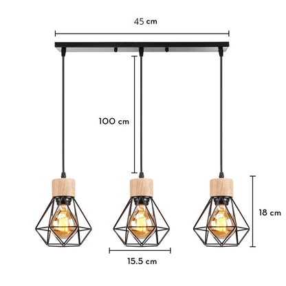 Vintage Black Wood and Iron Cage Pendant Light