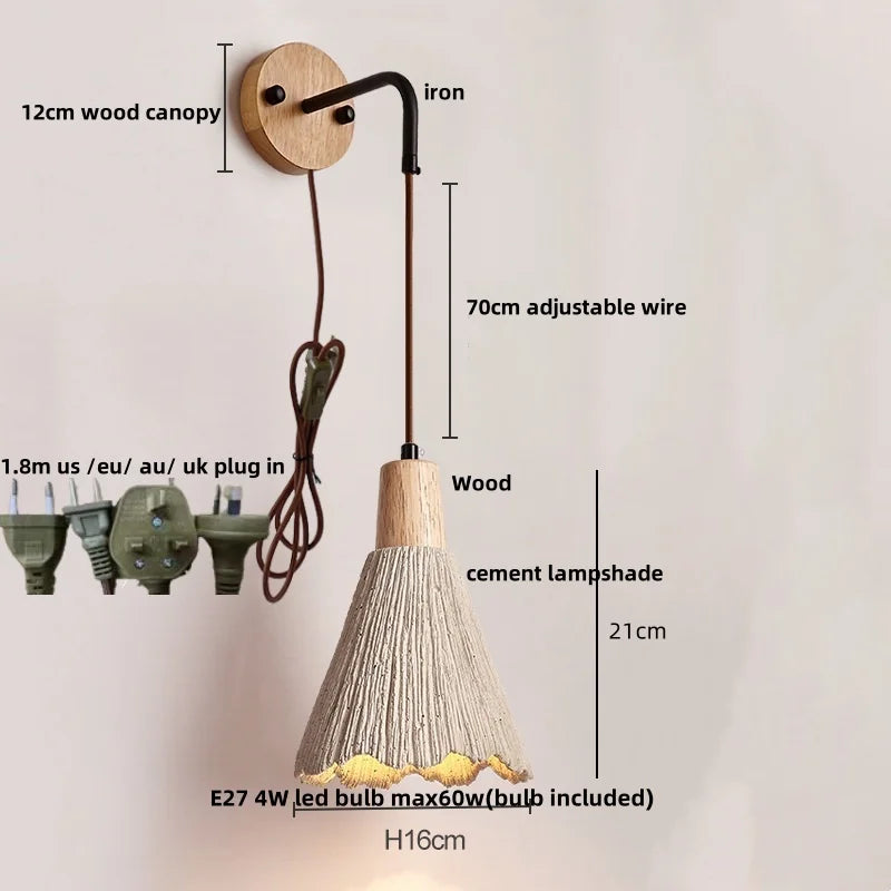 DecorBites™ LED Wall Light Fixture Cement Wood Base Bedside Lamp