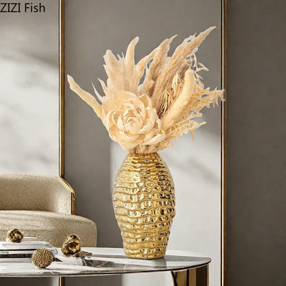 Decorbites™ Golden Falten-Keramik-Vase – Schreibtisch-Dekoration, vergoldete Blumenkübel für ästhetische Raumdekoration
