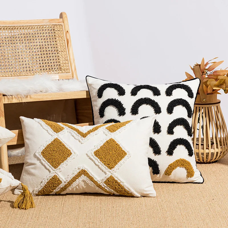 DecorBites™ Geometric Embroidery Boho Loop Tufte Cotton Canvas Cushion Cover 45x45/30x50cm