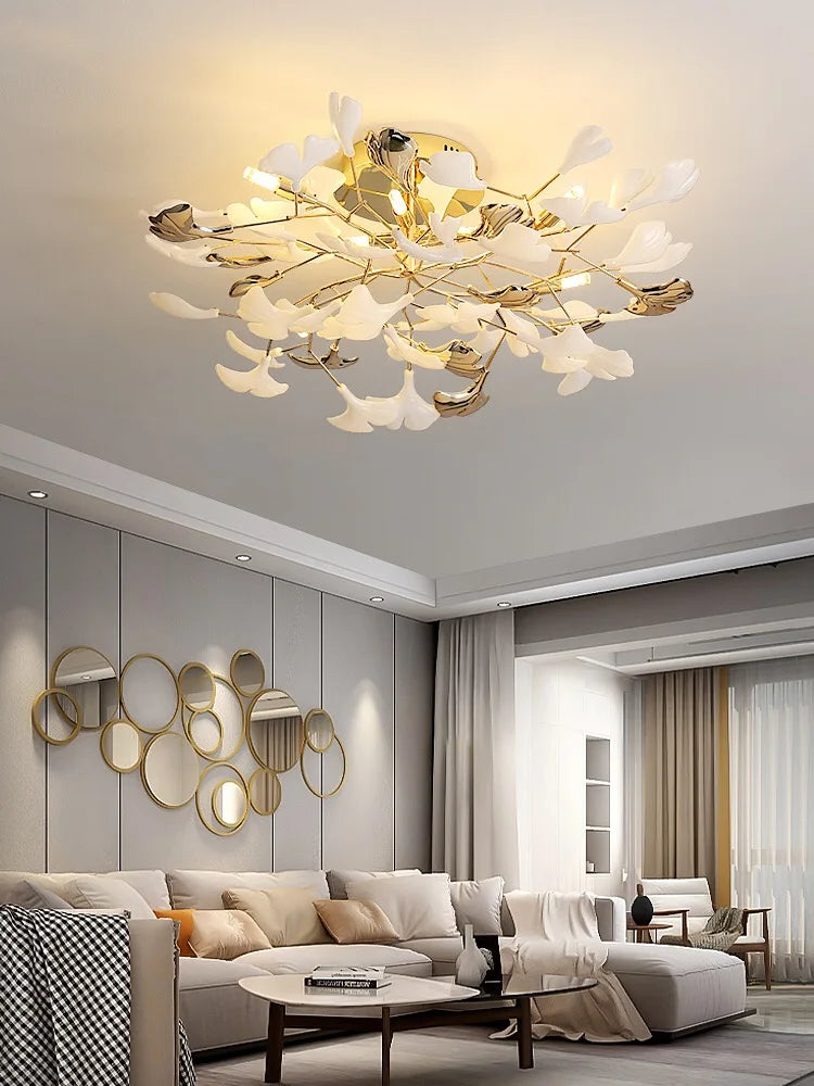 Gold Branch Chandelier With Porcelain Leaves