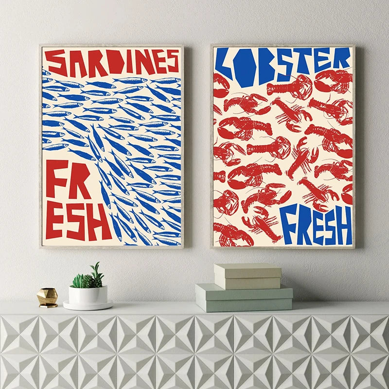 Colorful Sardine Lobster Crab Fish Ocean Animal Poster Canvas Painting Vintage Wall Art For Kitchen Living Room Home Decoration