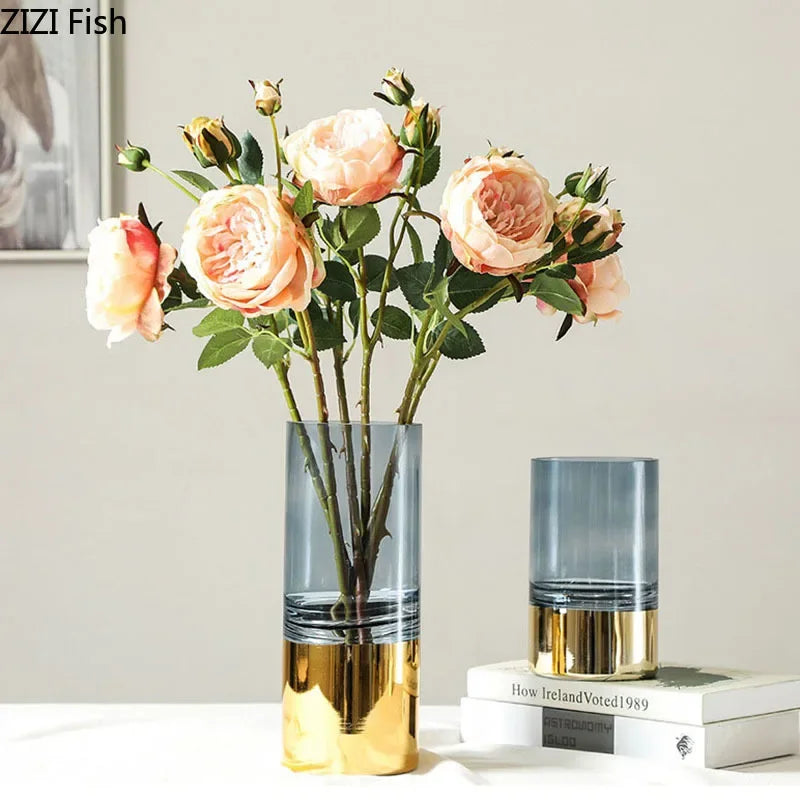 Decorbites™ Goldenes Glasvasen Klarer Schreibtisch-Dekor Hydroponische Blumenarrangement Knospen Blumentopf