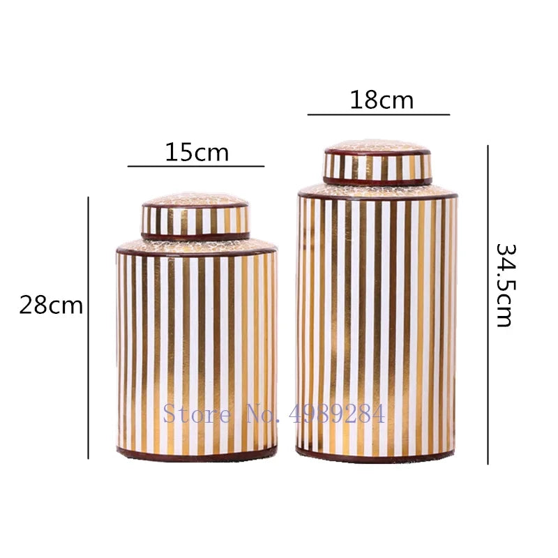 Decorbites™ Goldener Streifen-Keramikvase mit Deckel, moderne Aufbewahrungsglocke für die Hausdekoration