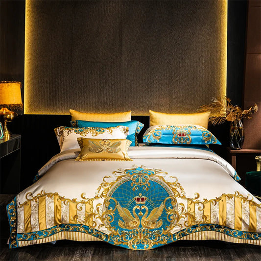 Decorbites™ Besticktes Gold-Blau-Brokat-Baumwoll-Bettwäsche-Set mit Steppdeckenbezug, Laken und Kissenbezügen