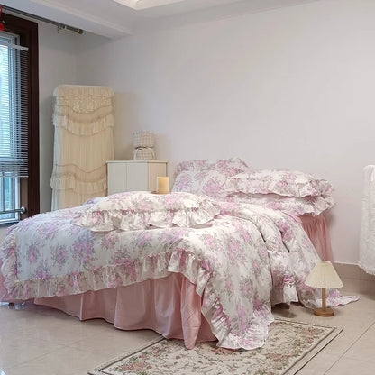 DecorBites™ French Rose Flowers Print Lace Ruffles Cotton Bedding Set - Duvet, Bed Skirt, Sheets & Pillowcases